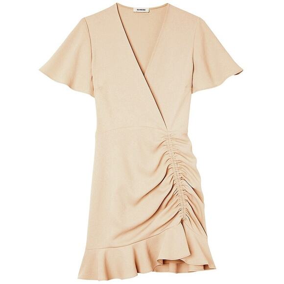 Sandro Albi Ruffle Trim Ruched Dress 36 Cream Beige EUC $345 - Picture 1 of 16